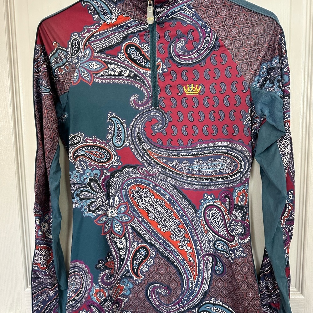 Kastel Paisley Quarter-Zip Long Sleeve Top in Teal & Burgundy Xsmall